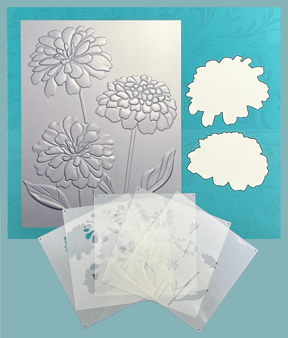BUNDLE- Sensational Zinnias 3D Embossing Folder, Die and Stencil
